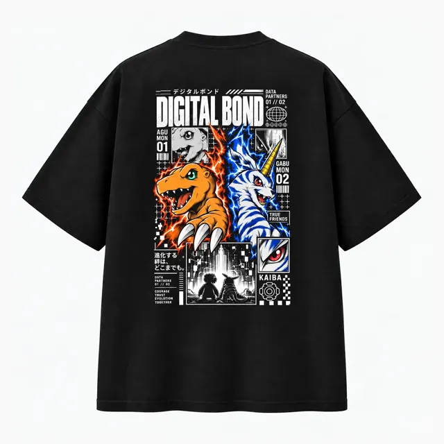 Remera Digimon oversize, espalda con Agumon y Gabumon